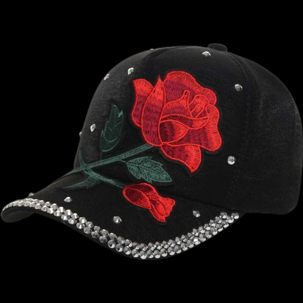 Red Flower Rhinestone Black Baseball Cap